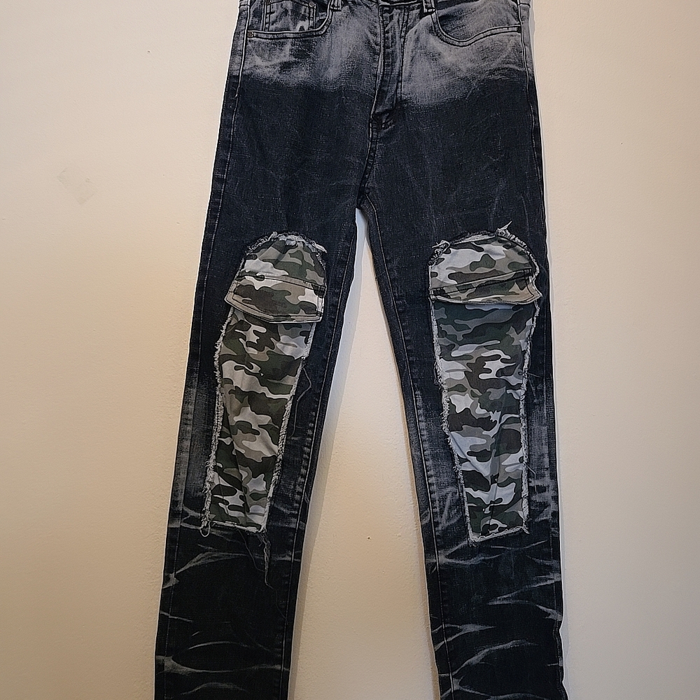 Men's Black Camouflage Patch Jeans